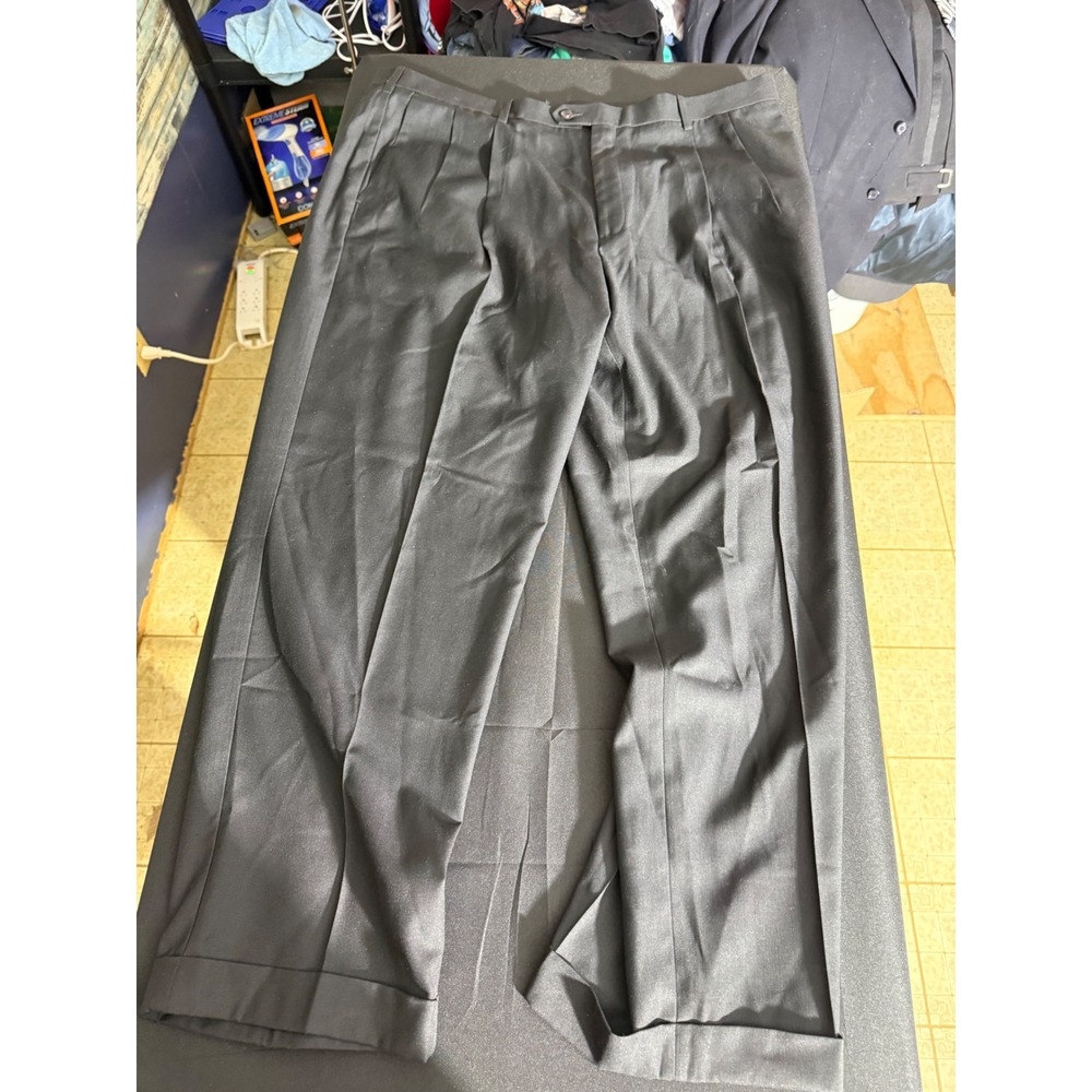 Savane Pleated Dress Pants Mens Black Tonal Stripe Cuffed Excellent 42x30